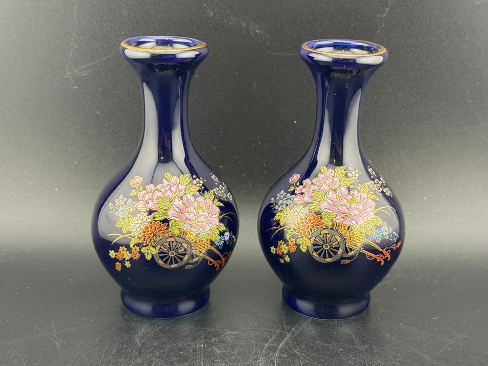 VTG Kutani Cobalt Blue Porcelain Vase, Pair